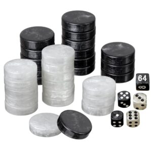 Backgammon Pieces + Dice Set - Black / White (28mm / 34 mm)