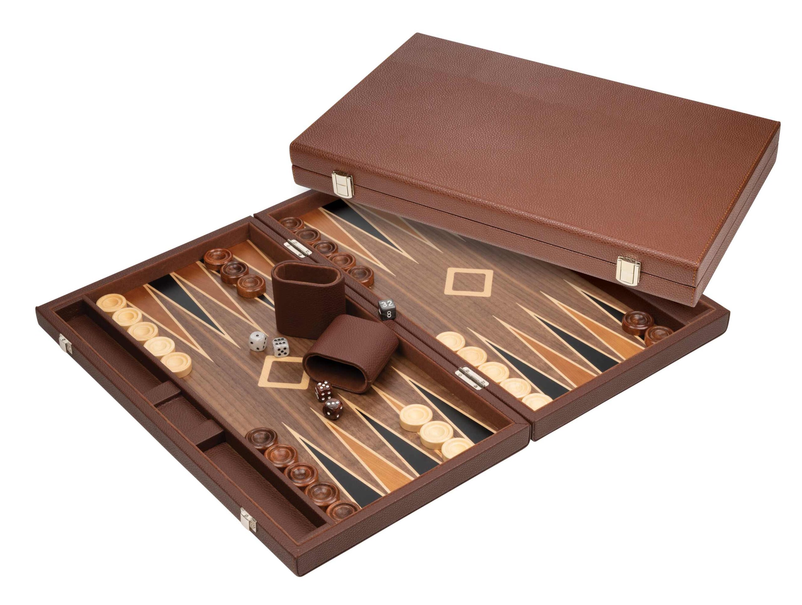 Brown leatherette finish backgammon set with clasp closure