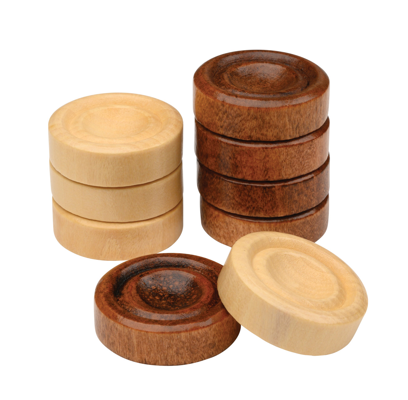 Wooden backgammon checkers in brown and white