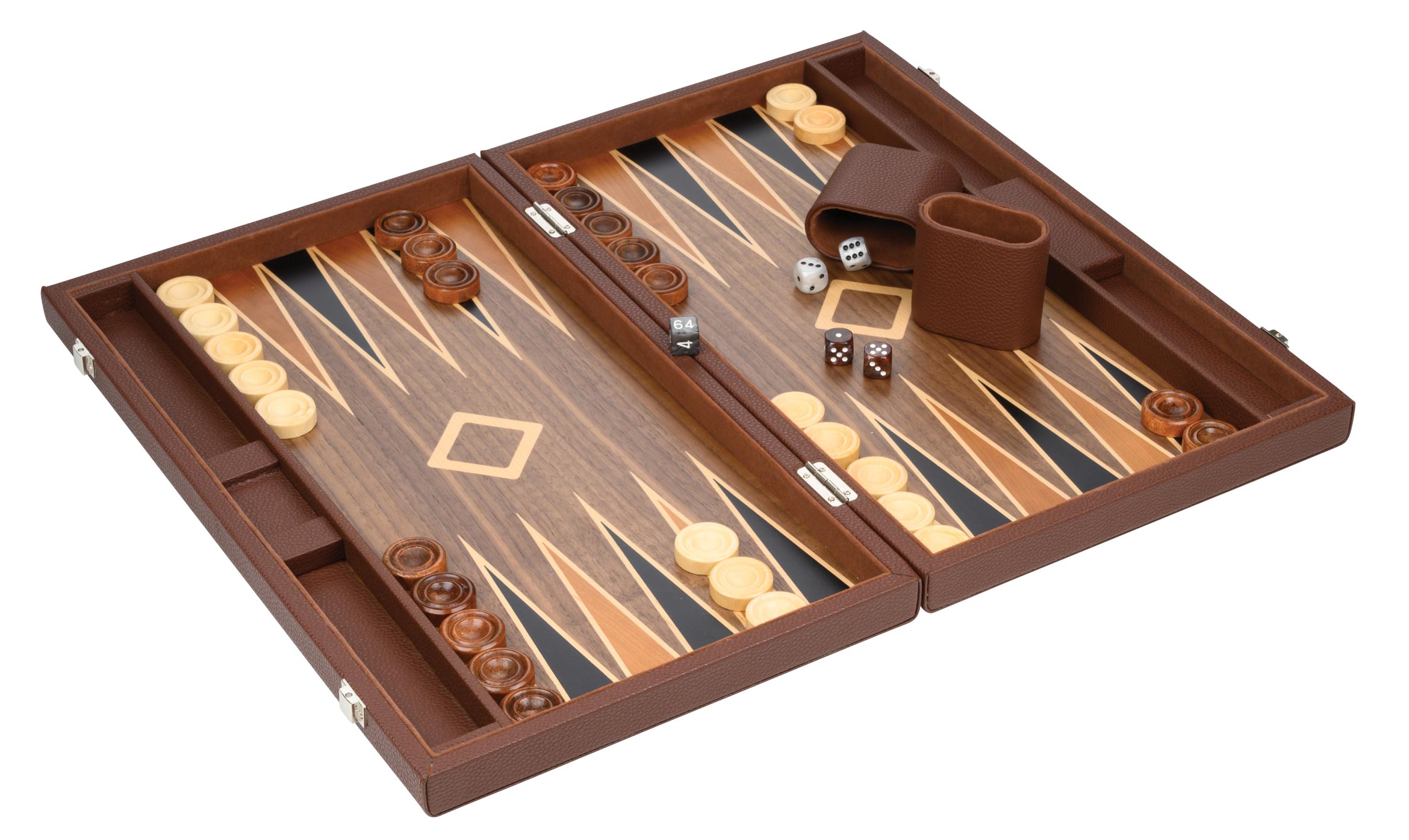 Brown leatherette finish backgammon set with clasp closure open
