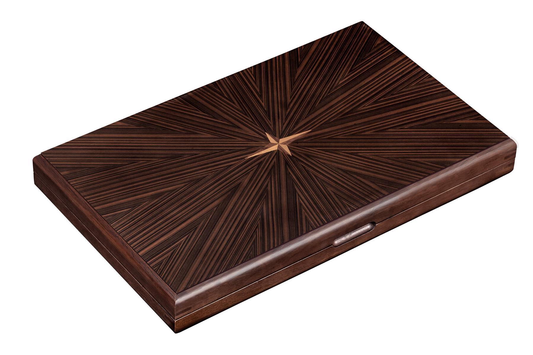 Large Dark Hevea Wood Backgammon Set in Brown Closed Case