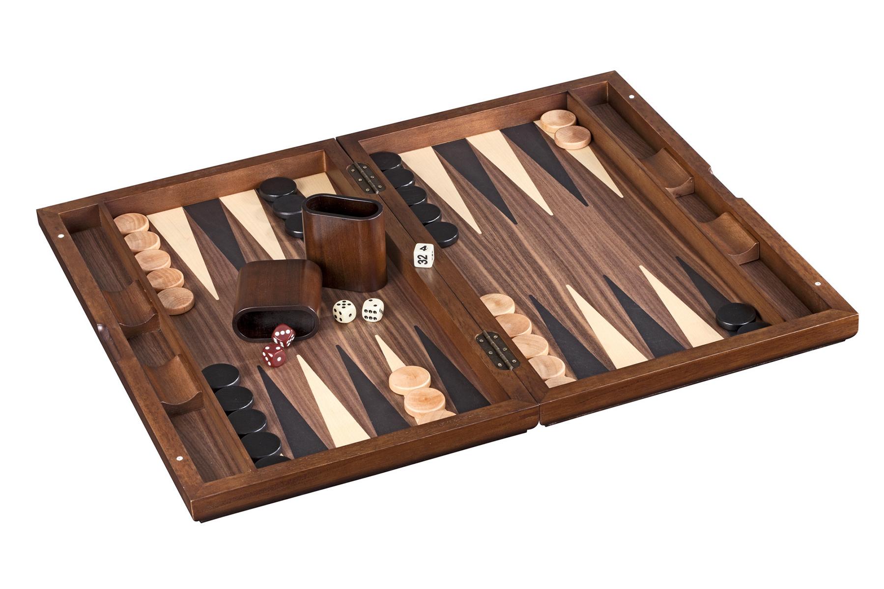 Large Dark Hevea Wood Backgammon Set in Brown Open Case