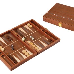 Small reddish brown wood backgammon set with clasp closure