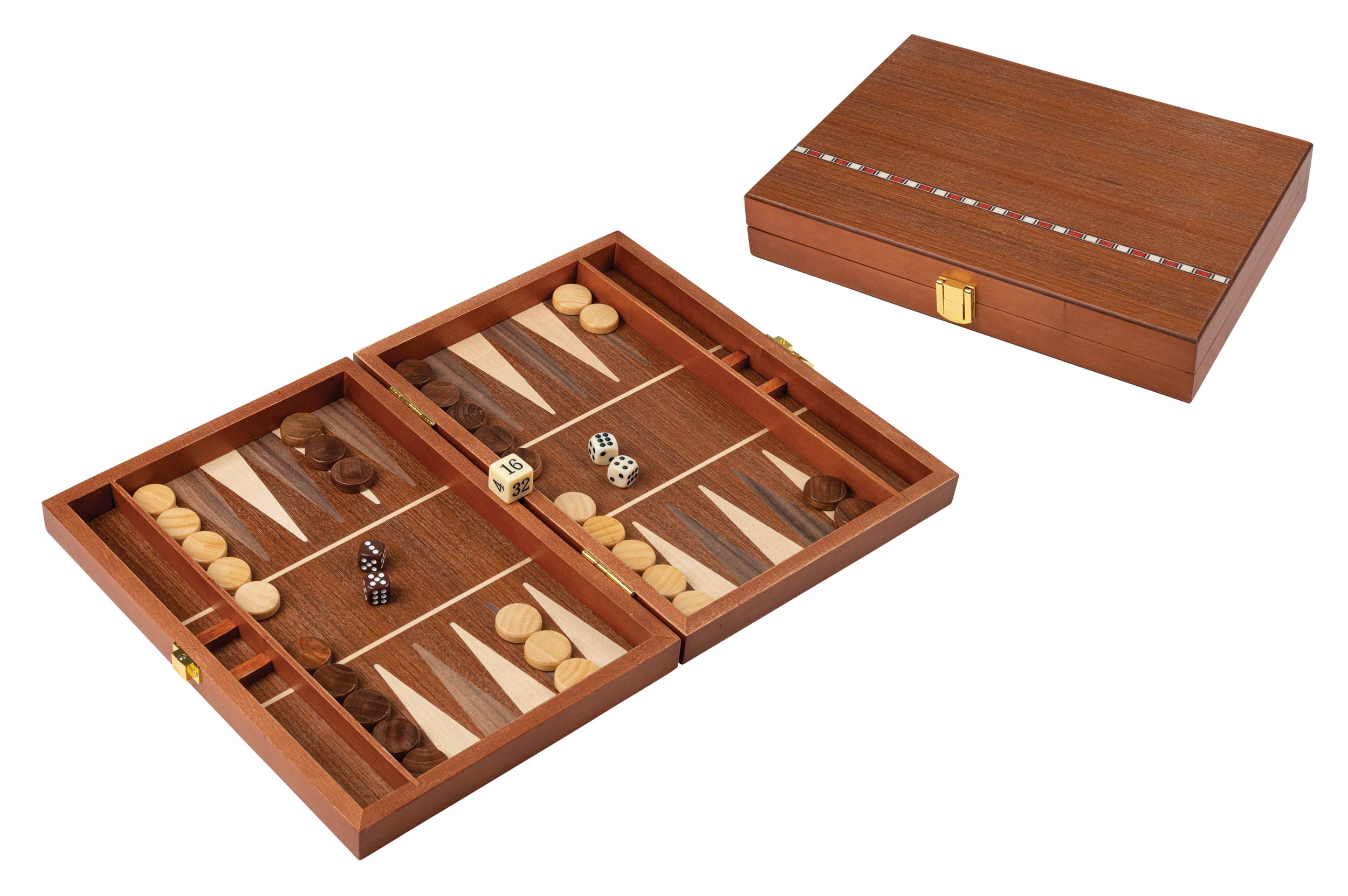 Small reddish brown wood backgammon set with clasp closure