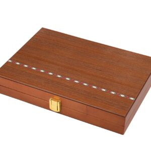 Small reddish brown wood backgammon set with clasp closure closed