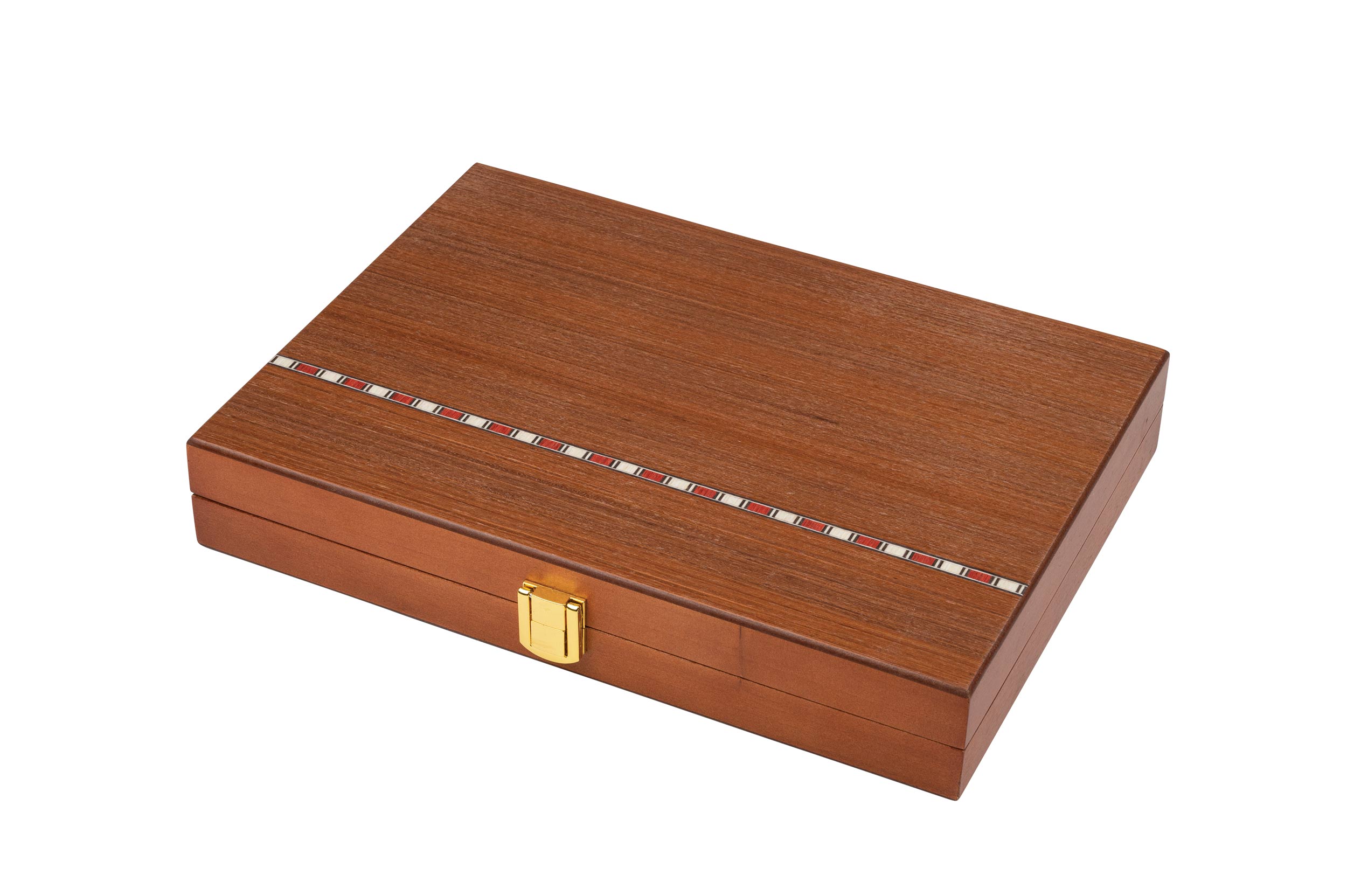 Small reddish brown wood backgammon set with clasp closure closed