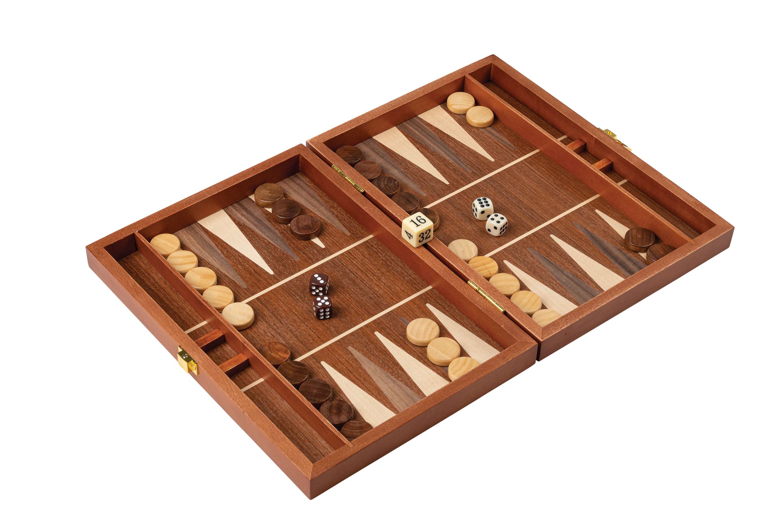 Small reddish brown wood backgammon set with clasp closure open