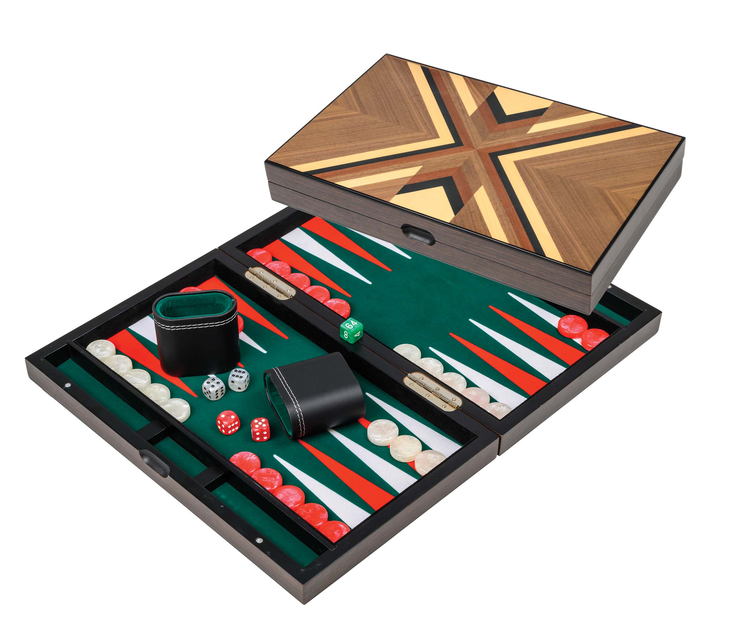 Walnut wood backgammon set with green felt interior