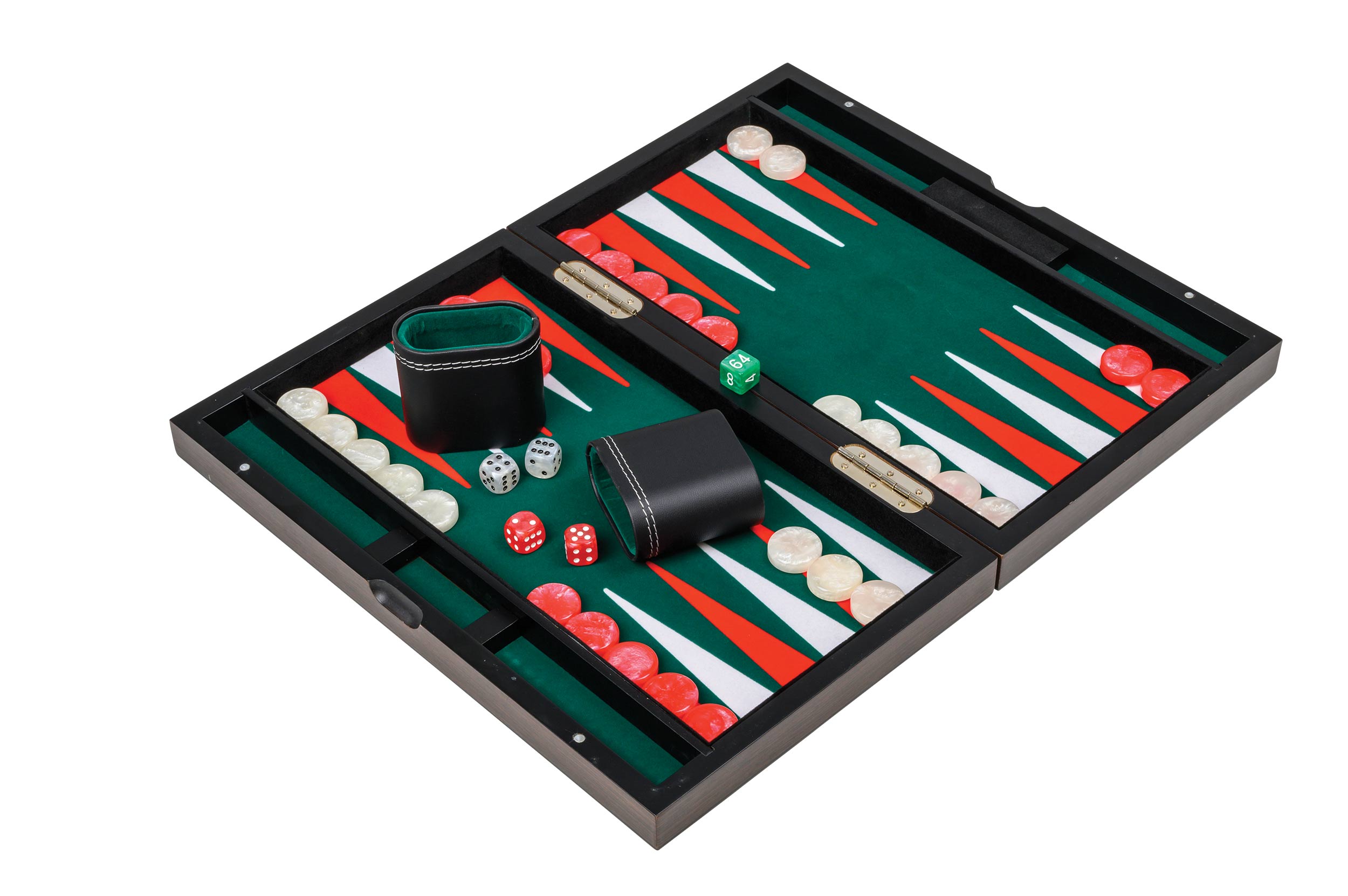 Medium wooden backgammon set with felt-lined interior open