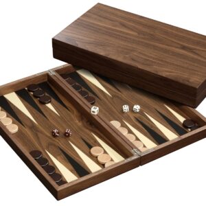 Large walnut veneer backgammon set with wooden checkers and magnetic lock case