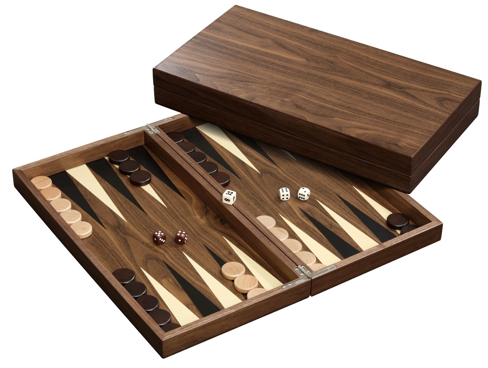 Large walnut veneer backgammon set with wooden checkers and magnetic lock case