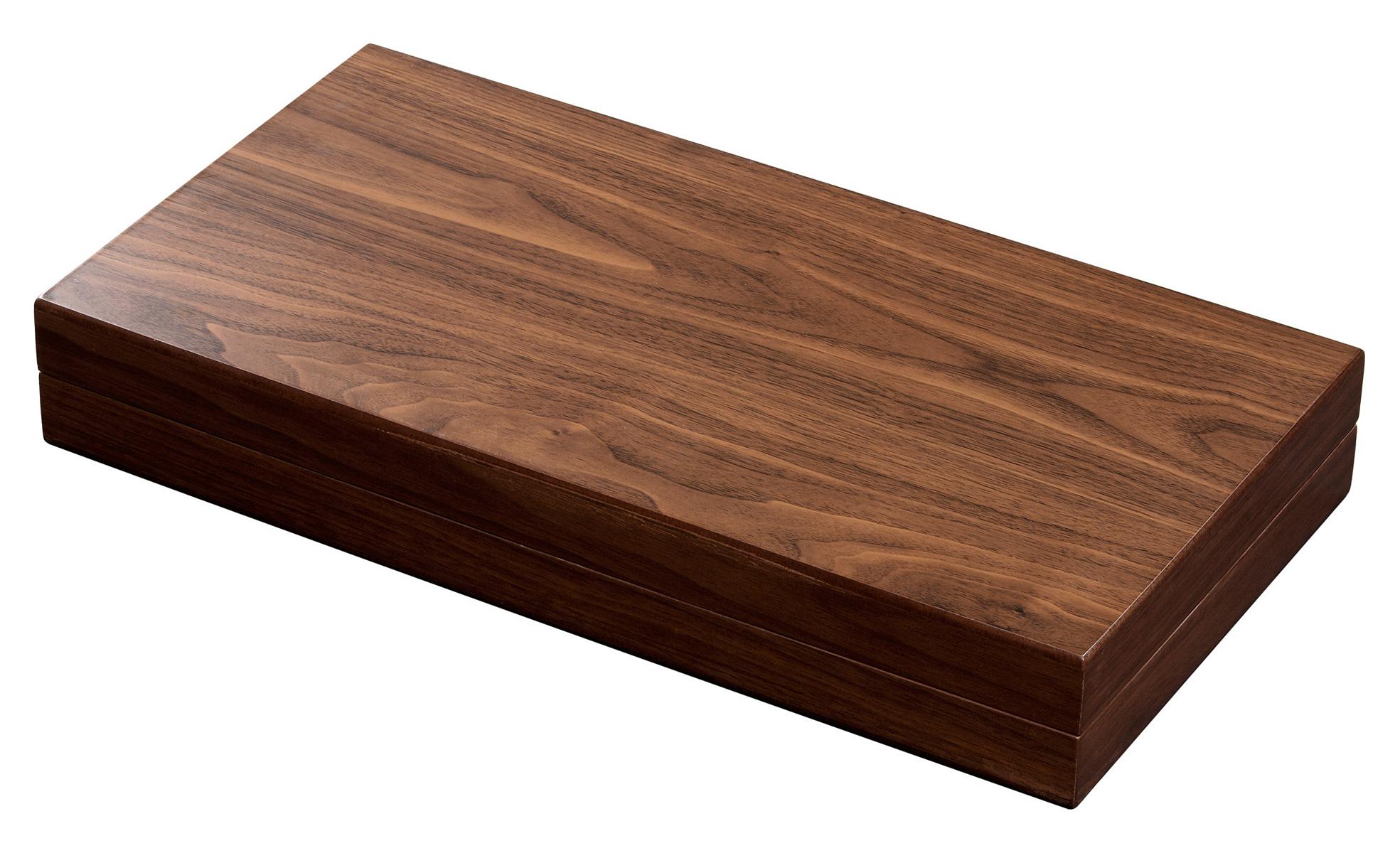 Closed walnut veneer backgammon case in light brown finish