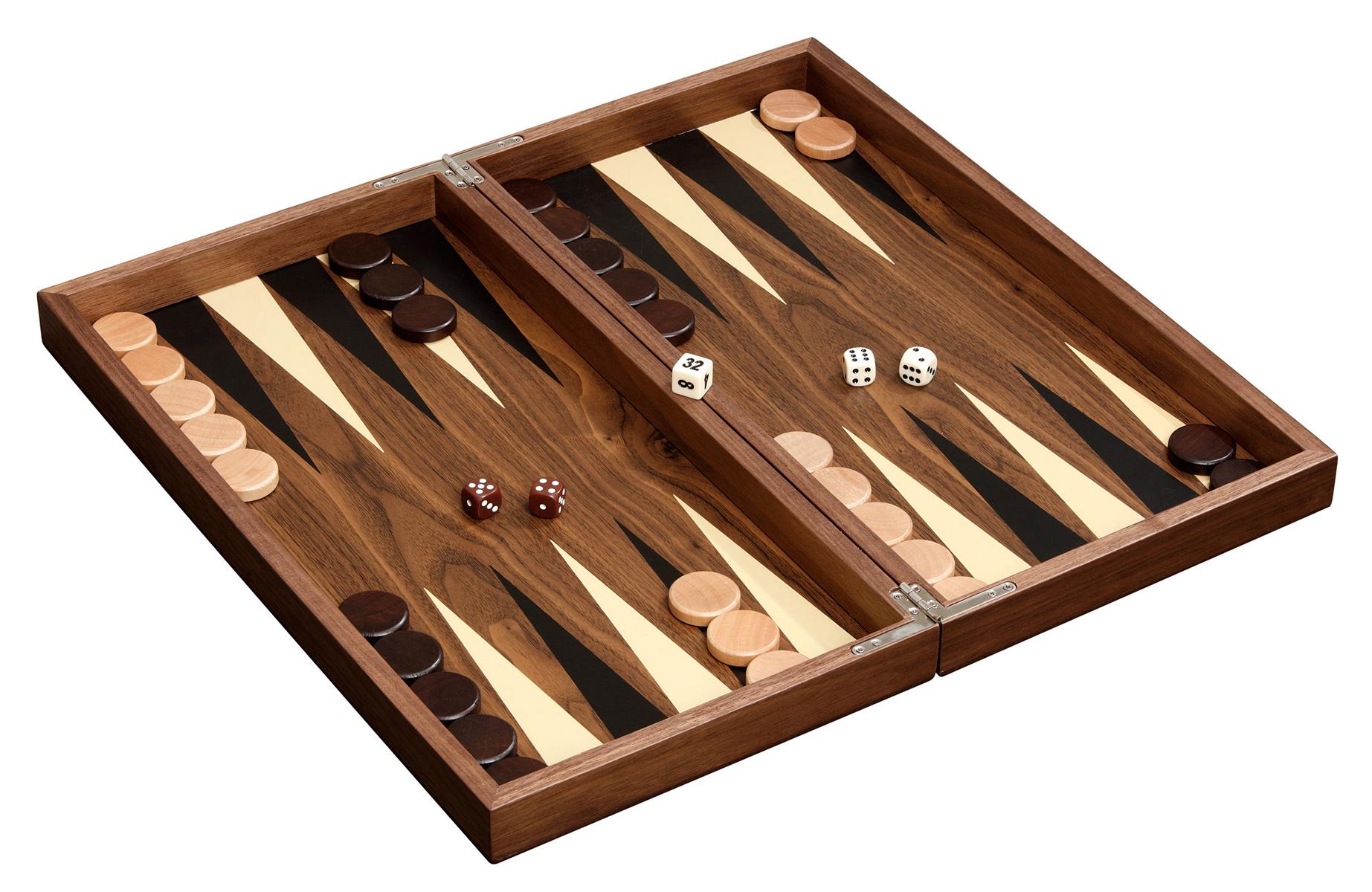Light Walnut veneer backgammon board open with checkers and dice