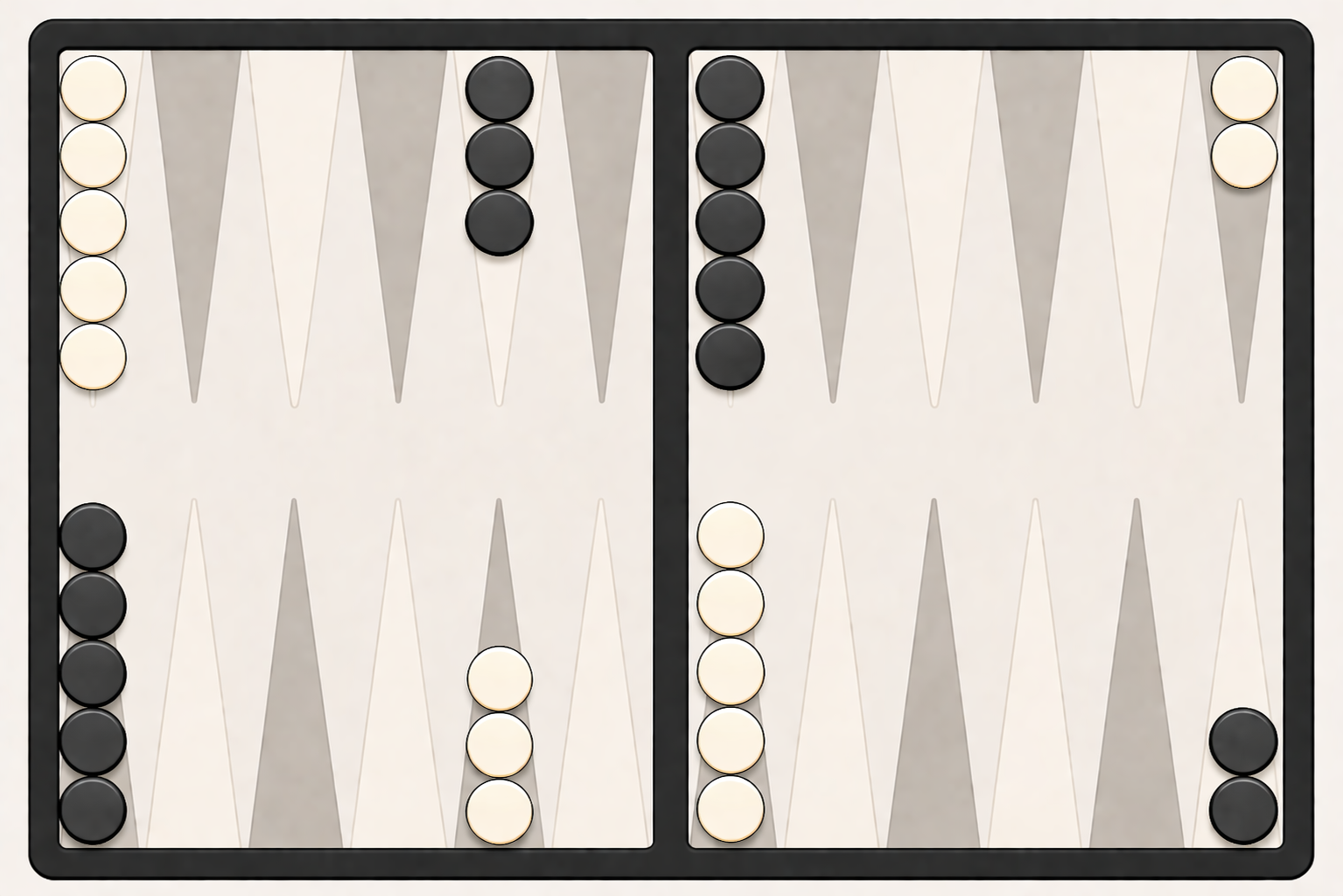 Backgammon board setup with black and white checkers
