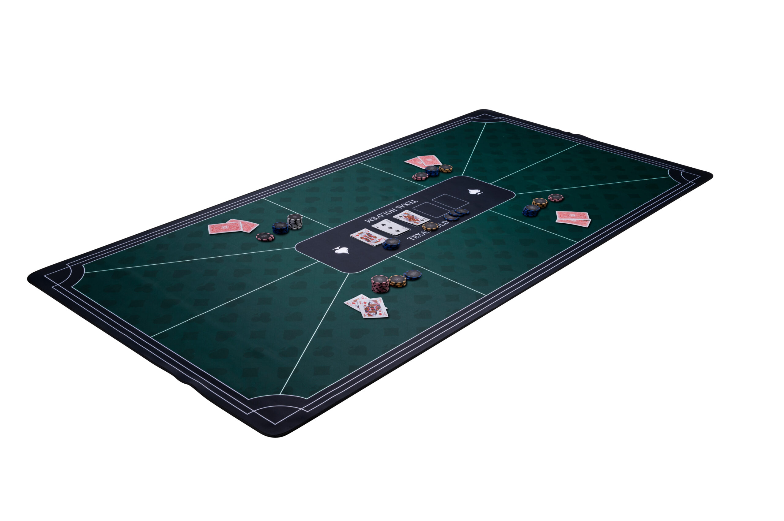 Angled view of green poker mat 180 × 90 cm with cards