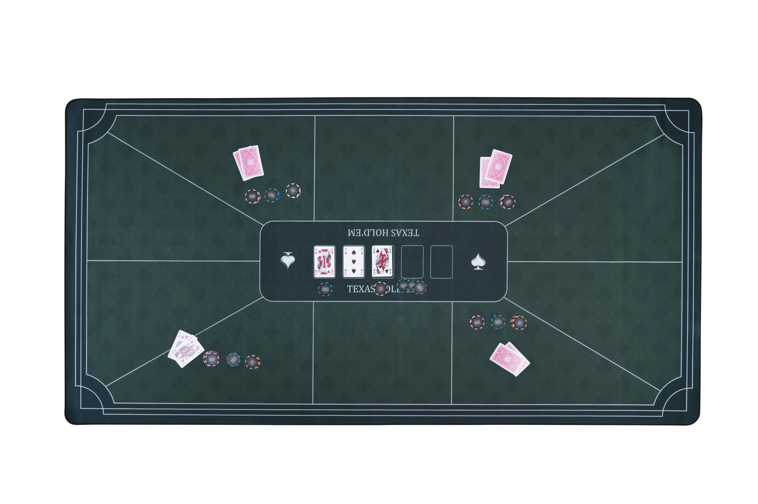 Green poker mat 180 × 90 cm with printed Texas Hold’em layout with cards