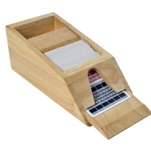 Wooden blackjack shoe with front card dispenser opening