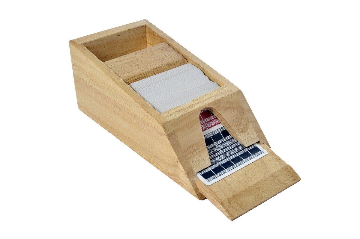 Wooden blackjack shoe with front card dispenser opening